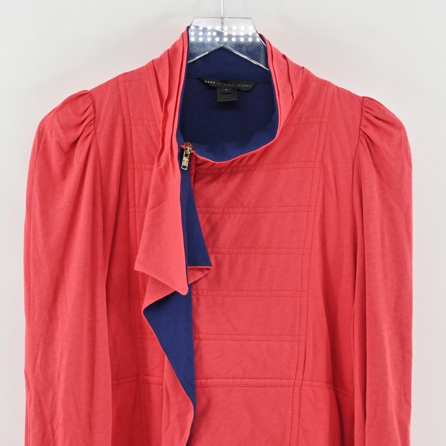 Marc Jacobs Womens Ruffle Front Jacket Size L Puff Sleeve Coral Pink Blue Soft