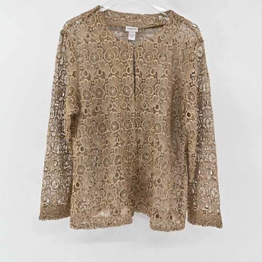 CHICHOS Womens Crochet Jacket Size 3 / XL Tan Lace Floral Blazer Dainty Feminine
