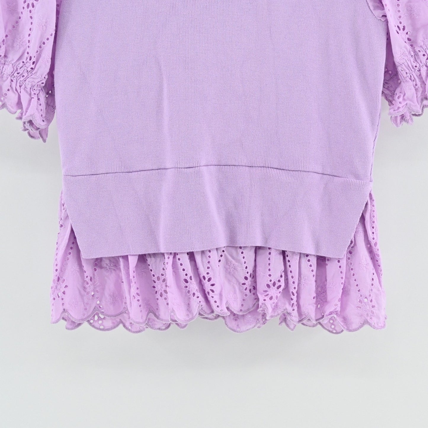 English Factory Womens Eyelet Mixed Media Knit Top Size S Lilac Puff Sleeve