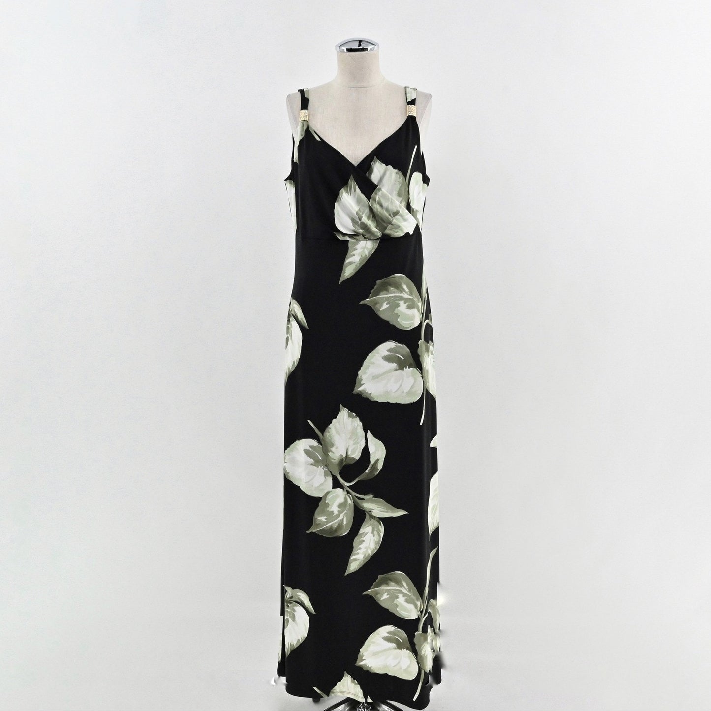 WHBM Maxi Dress Size M Black Green Floral Tropical Cruise Sleeveless Romantic