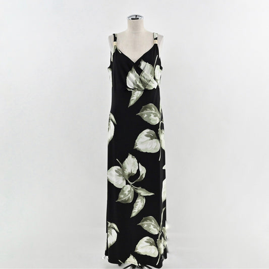 WHBM Maxi Dress Size M Black Green Floral Tropical Cruise Sleeveless Romantic