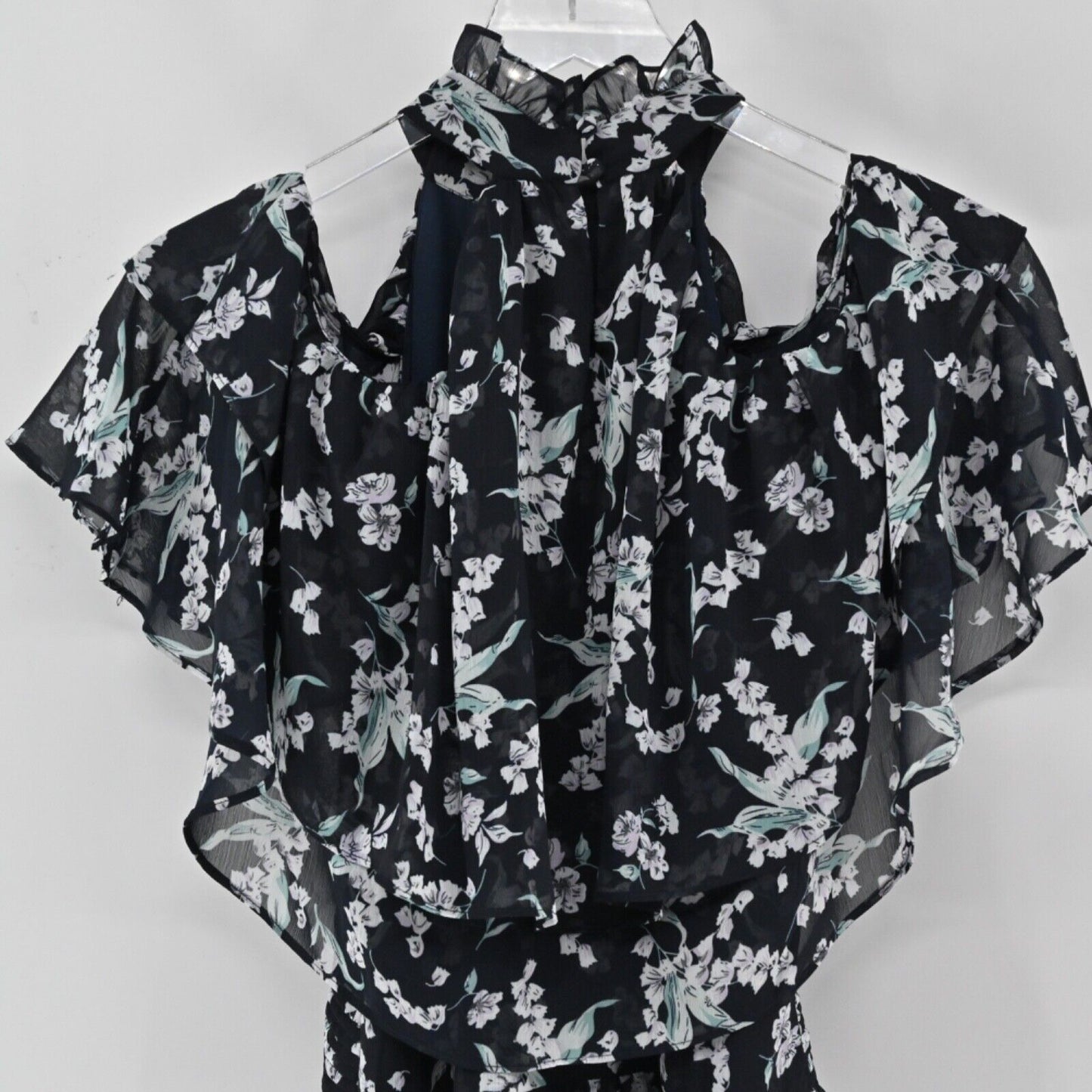 ELLIATT Dress Womens Sz XS Ruffle Mini Navy Blue Floral Cold Shoulder Whimsygoth