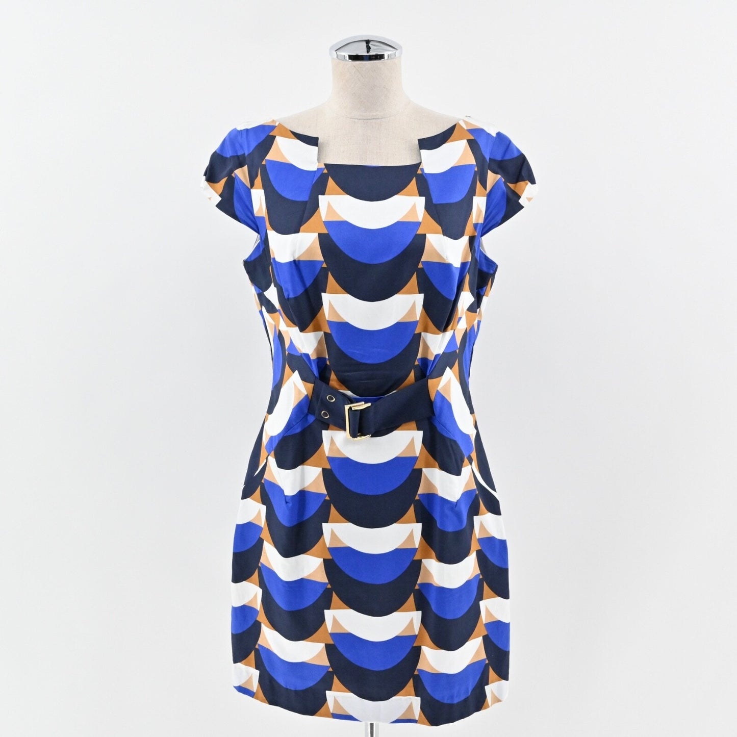 MILLY Mini Sheath Dress Size 10 Blue Geometric Print Cotton Boat Neck Retro USA