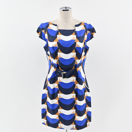 MILLY Mini Sheath Dress Size 10 Blue Geometric Print Cotton Boat Neck Retro USA