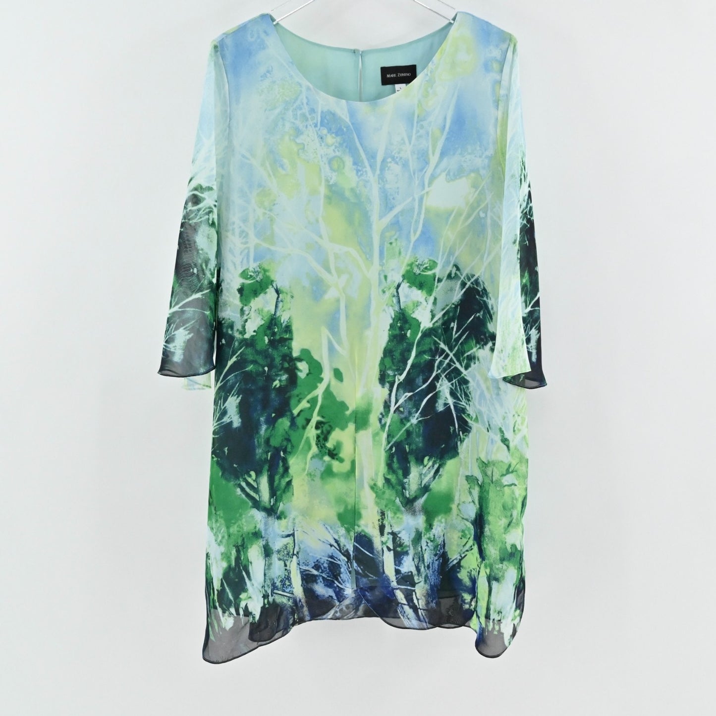 Mark Zunino Womens Chiffon Tunic Top Size L Green Forrest Slit Art Lined Blouse