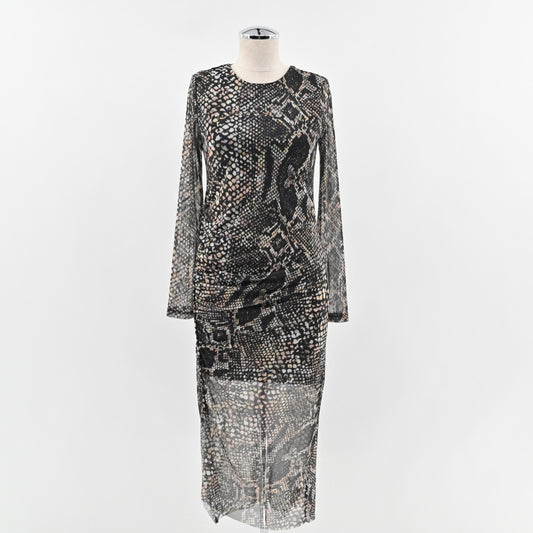 ALLSAINTS Nora Waima Dress Size 6 Slim Fit Ruched Midi Black Snake Motif Print