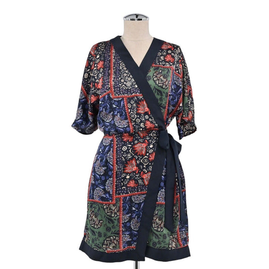 ZARA Dress Womens Sz Small Floral Wrap Mini Patchwork Boho Kimono Dolman Sleeve