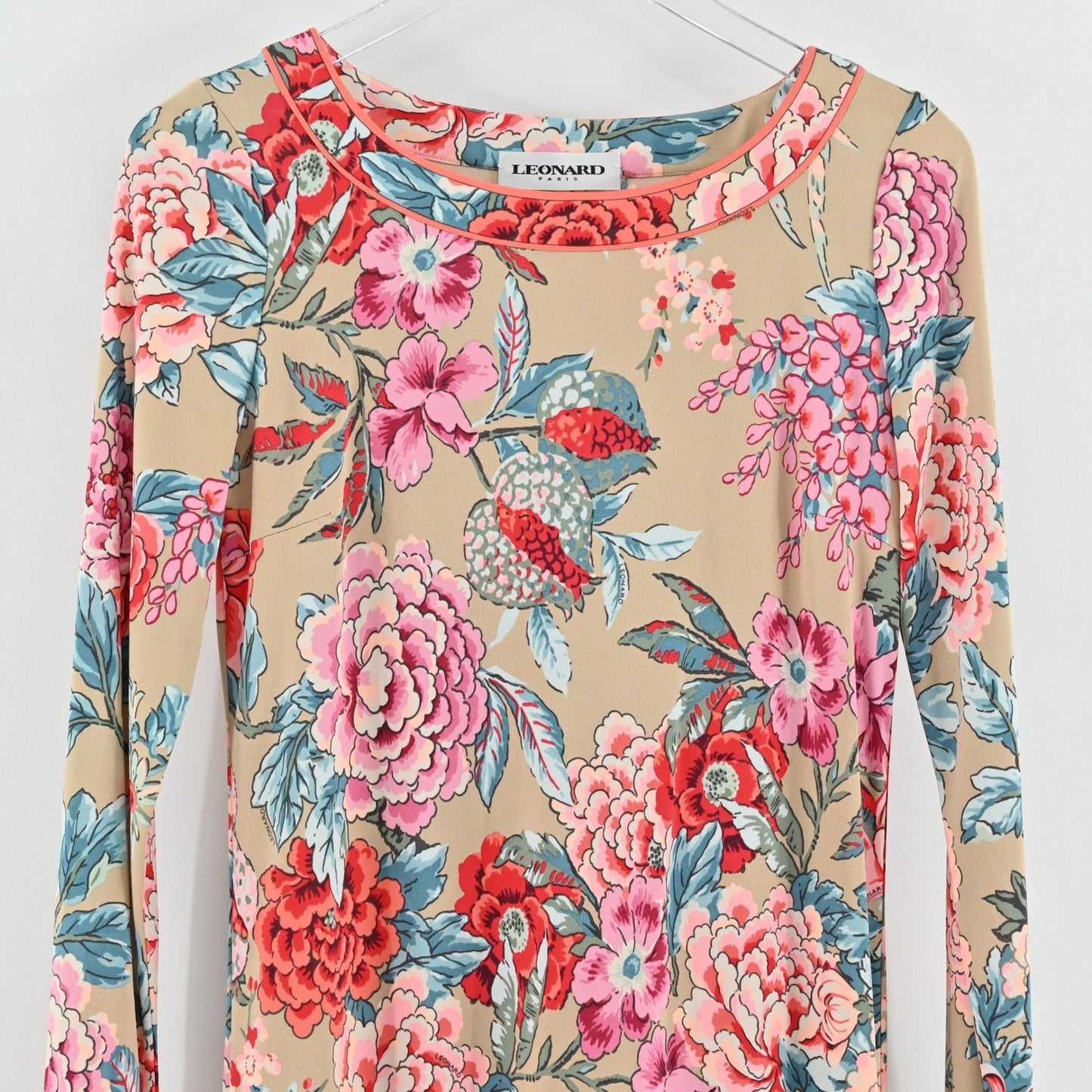 Leonard Paris Floral Print Silk Dress Size 38 Belted Long Sleeve Luxury Dopamine