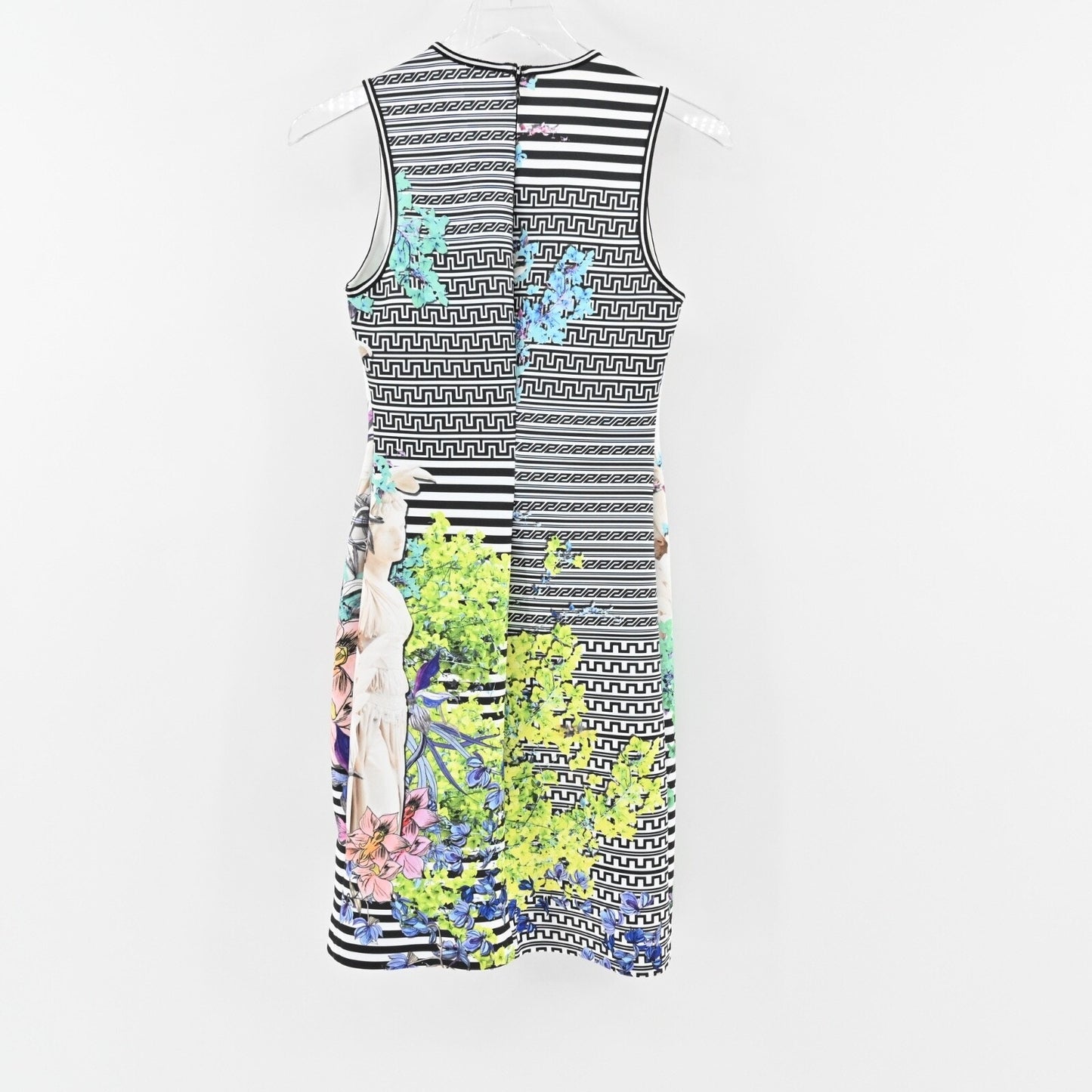 CLOVER CANYON Enchanted Garden Dress Sz M Sheath Black Floral Stripe Sleeveless