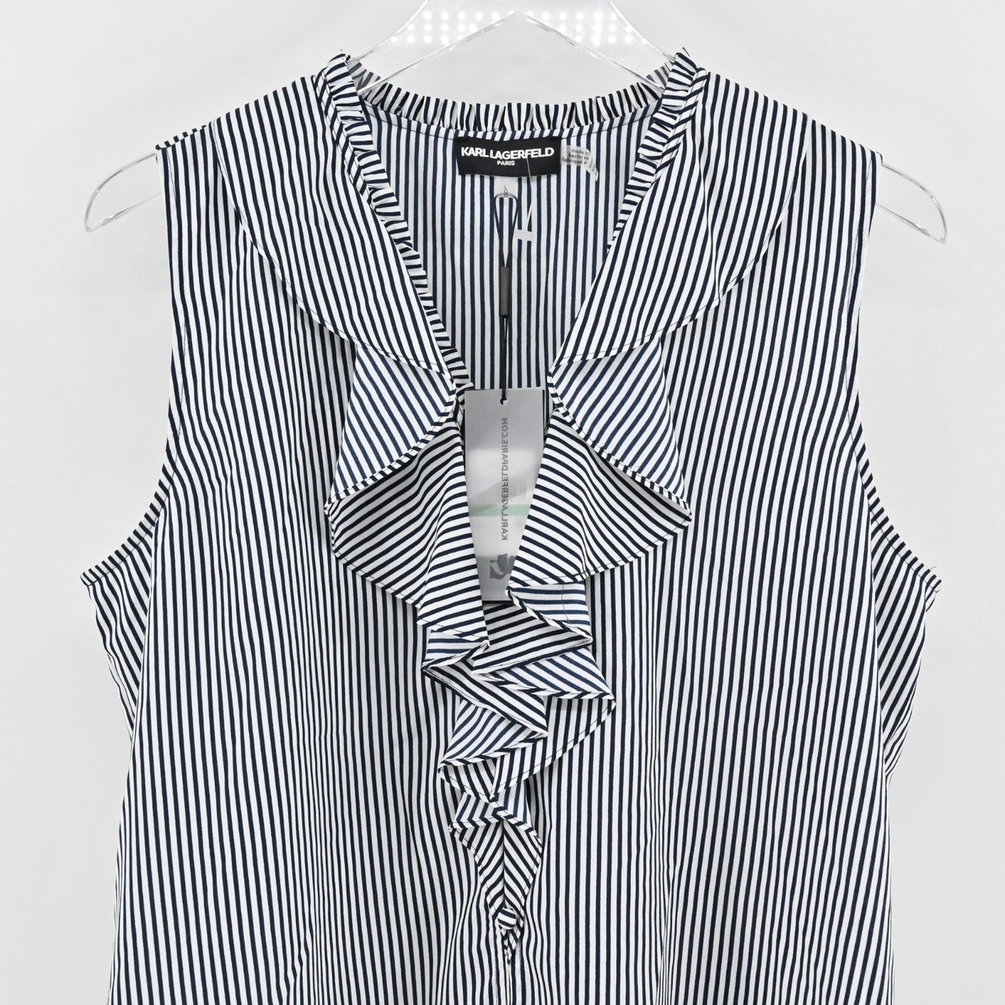 Karl Lagerfeld Womens Yagavi Ruffle Front Top Sz L Striped Sleeveless Blouse NEW