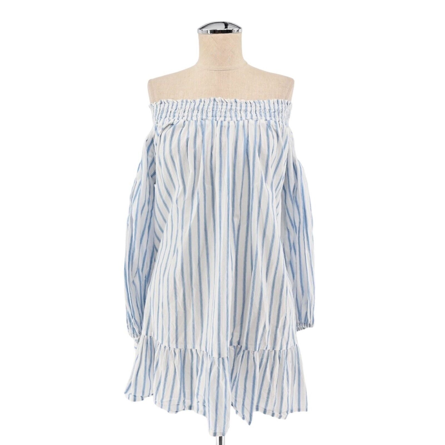 FAITHFULL THE BRAND Dress Womens Size 4 Milos Off The Shoulder Mini Blue Stripe