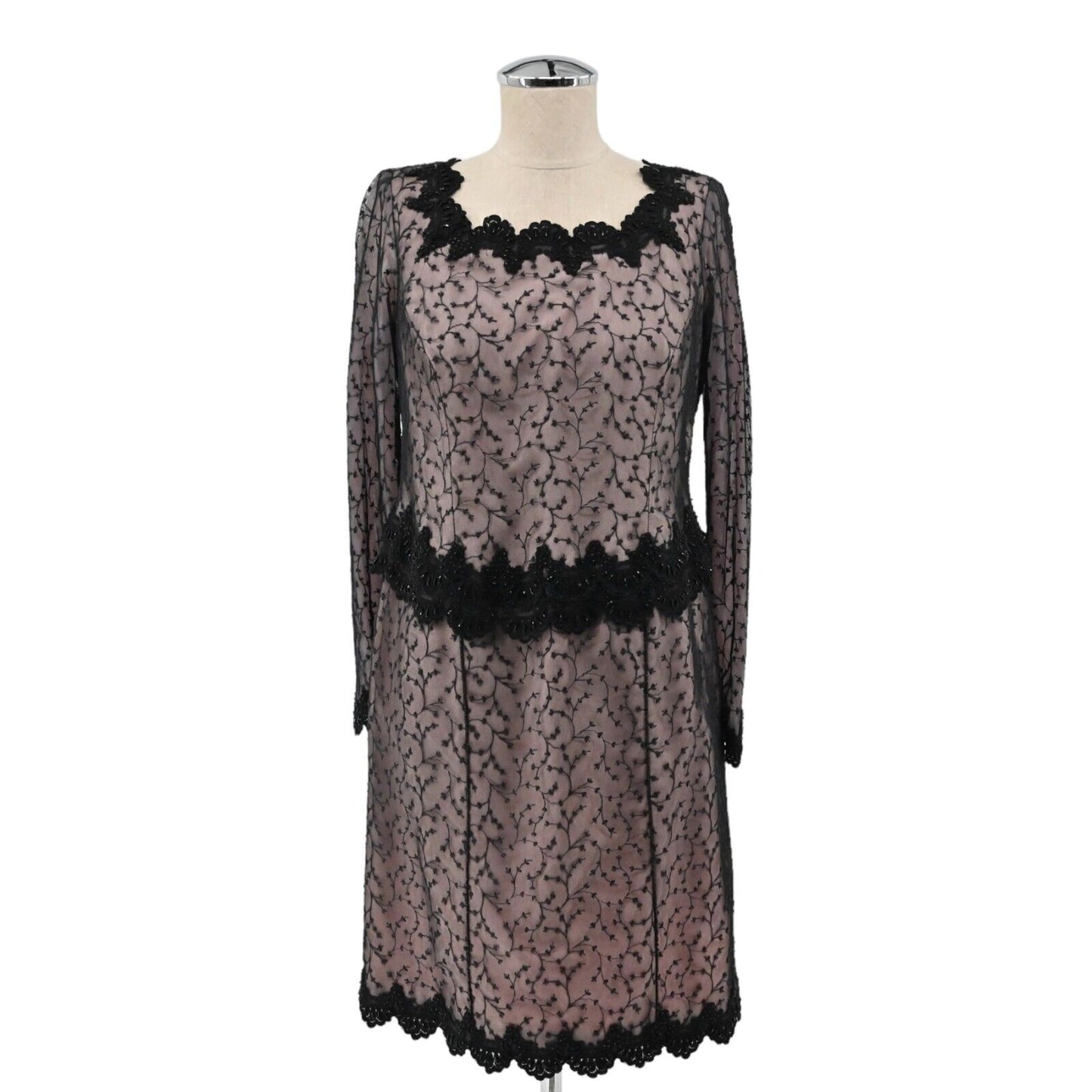 Vtg Dress Womens Size L Black Pink Sheer Floral Embroidered Beaded Lace Trim 80s