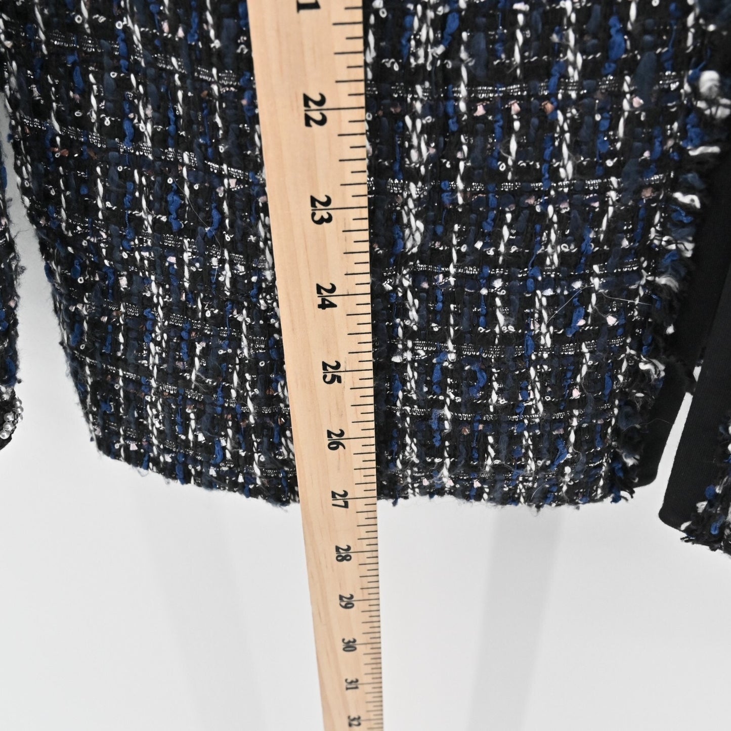 WHBM Blazer Womens Size S Tweed Navy Black Beaded Pearl Jacket Retro Glam Office