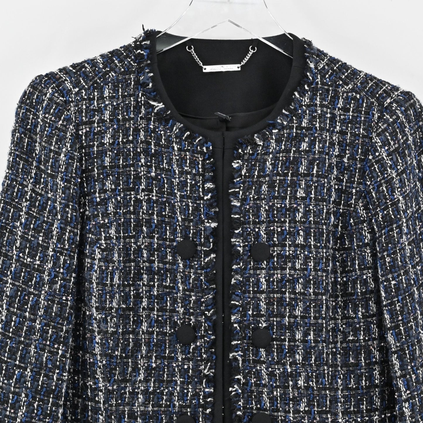 WHBM Blazer Womens Size S Tweed Navy Black Beaded Pearl Jacket Retro Glam Office