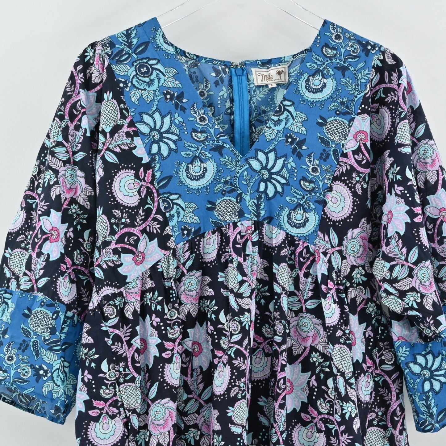 Millie Resort Travel Floral Dress Size L Blue Paisley Bohemian Cotton India Boho
