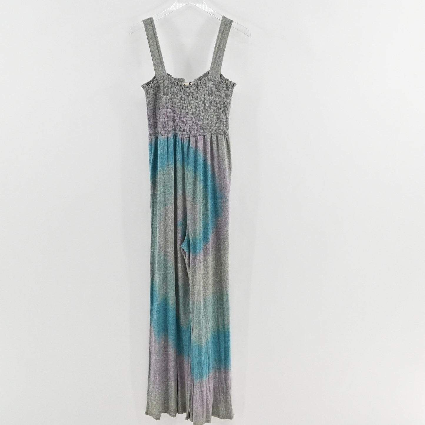 CHASER Womens Smocked Tie Dye Jumpsuit Size L Gray Blue Wide Leg Comfy Hippie