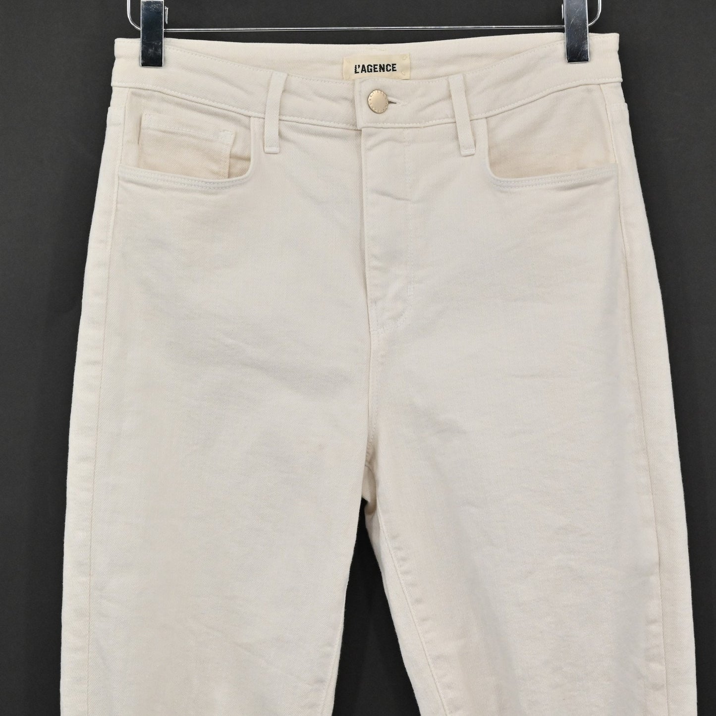 L'Agence Womens Distressed Jeans 27 Cream High Line Skinny Frayed Hem Ripped USA