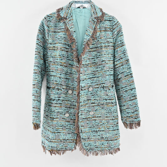 JEAN PIERRE KLIFA Womens Tweed Coat Size M Wool Blend Blue Brown Fringe Jacket