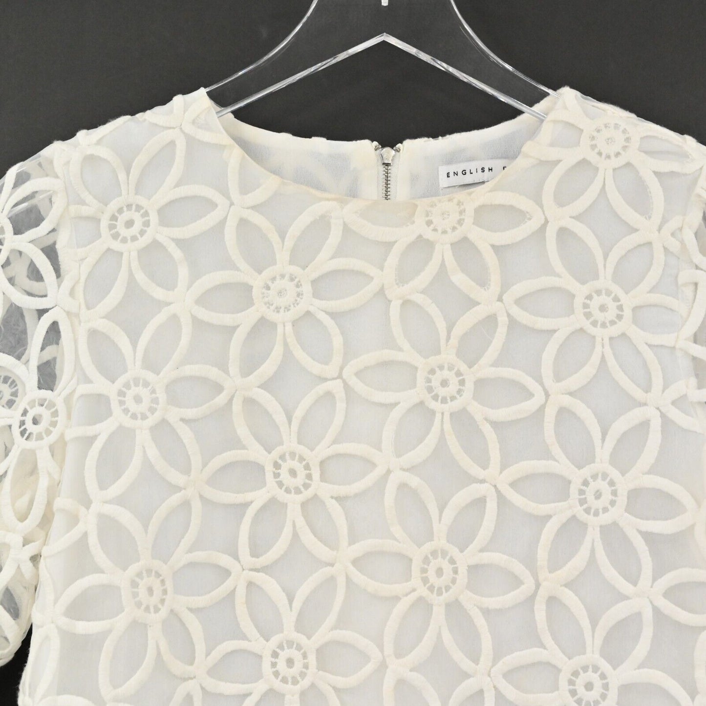 ENGLISH FACTORY Top Womens Size S Sheer Sleeve Flower Print Cropped Blouse White