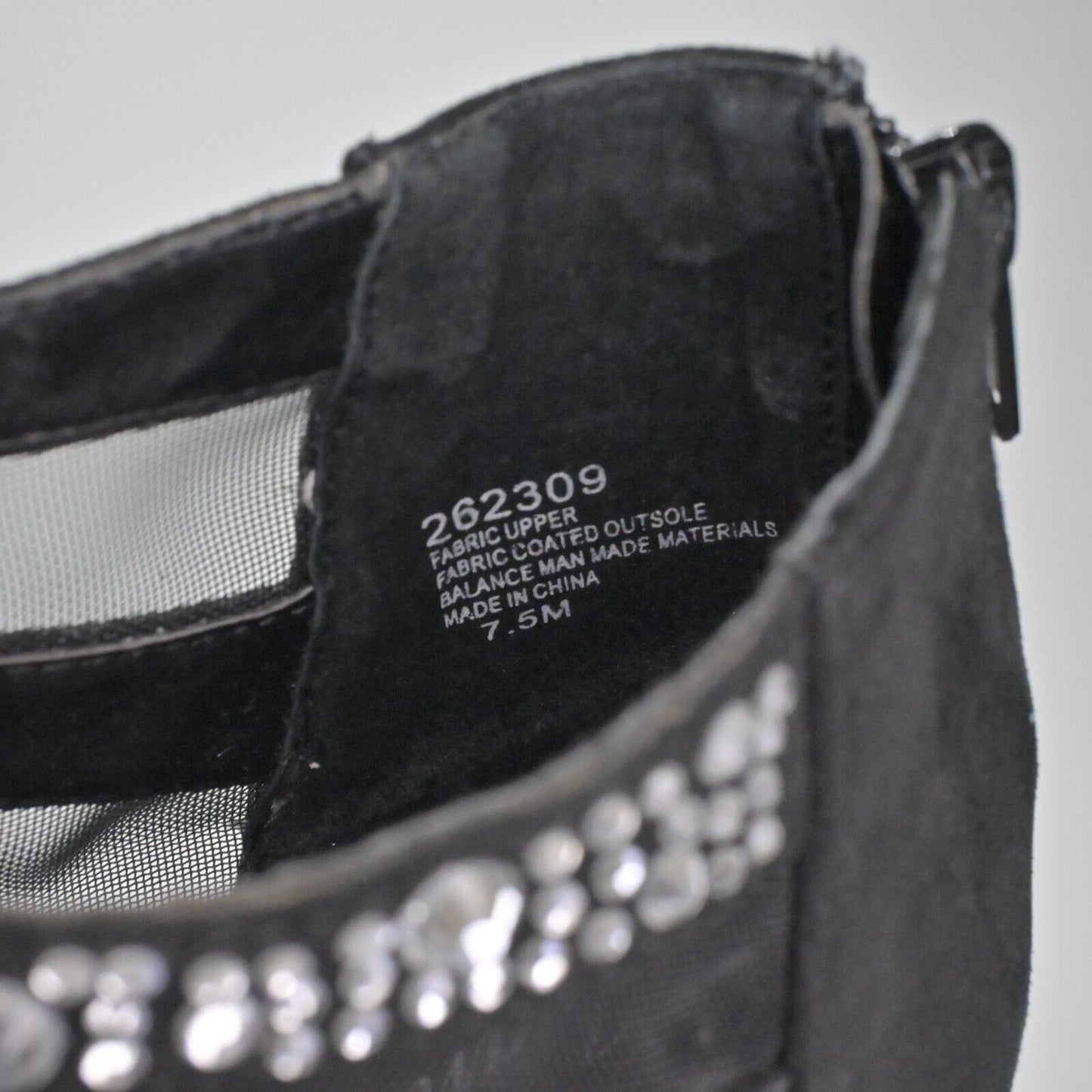 Vtg JOAN BOYCE Heels Womens Sz 7.5 Black Faux Suede Mesh Rhinestone Peep Toe Y2K