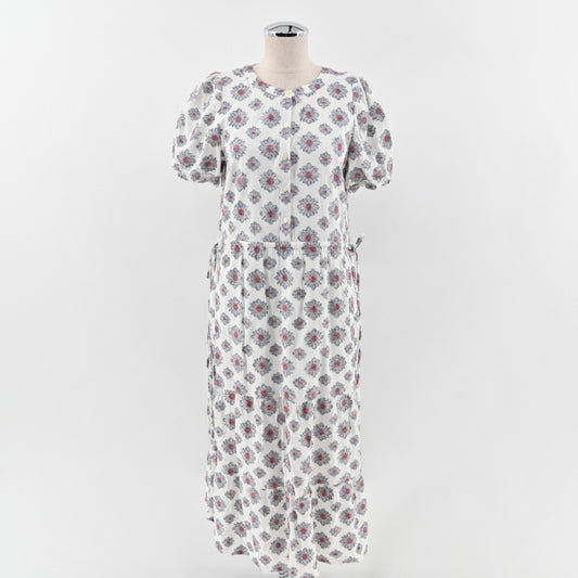 LOFT Dress Size 2 Medallion Print Cinch Side Tie Midi Blue White Short Sleeve