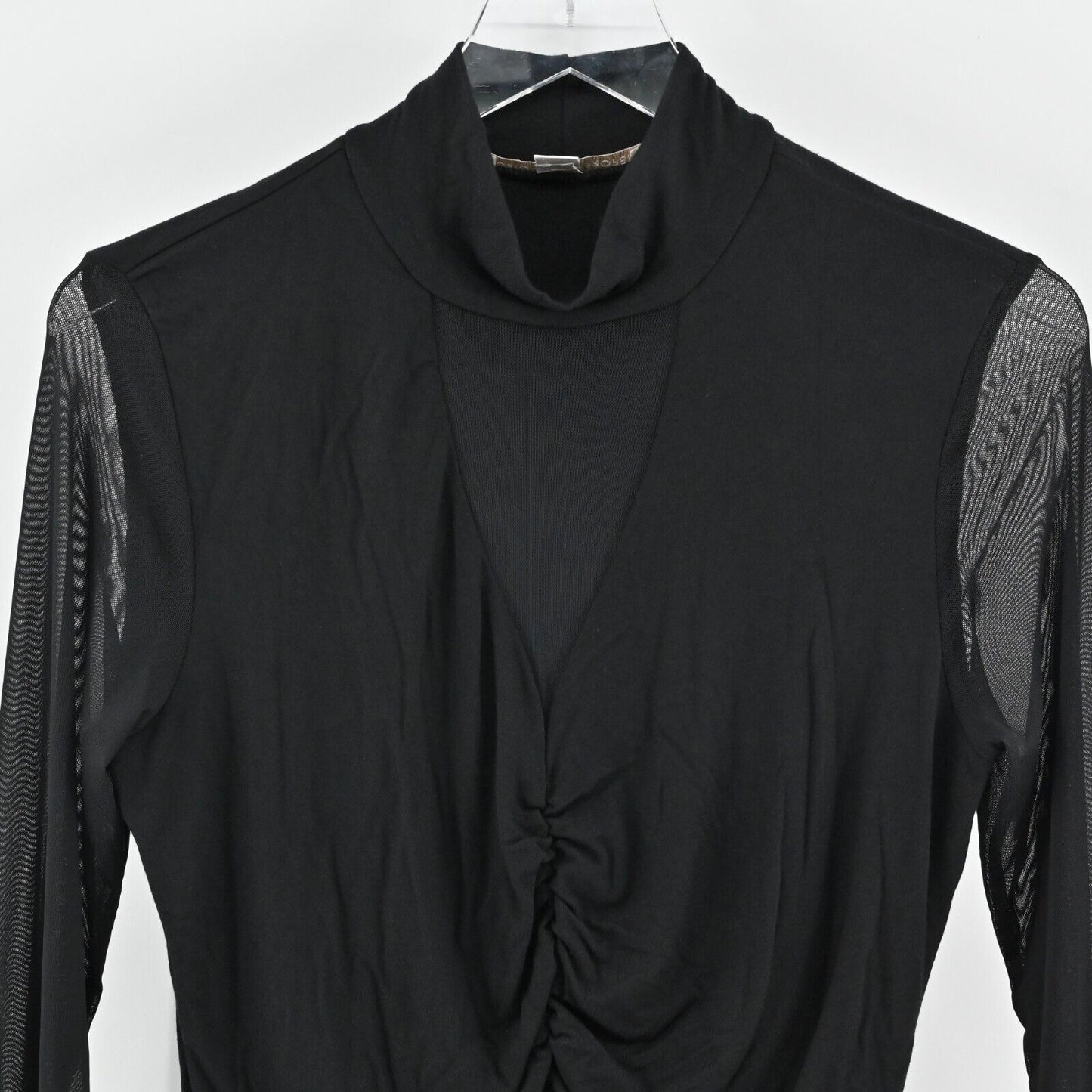 BOSTON PROPER Top Womens Size M Ruched Black Sheer Sleeve Mock Neck Stretch