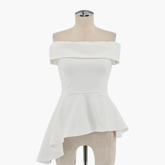 LULUS Top Womens Sz S Peplum Asymmetrical Hem White Off Shoulder Chic Retro Glam