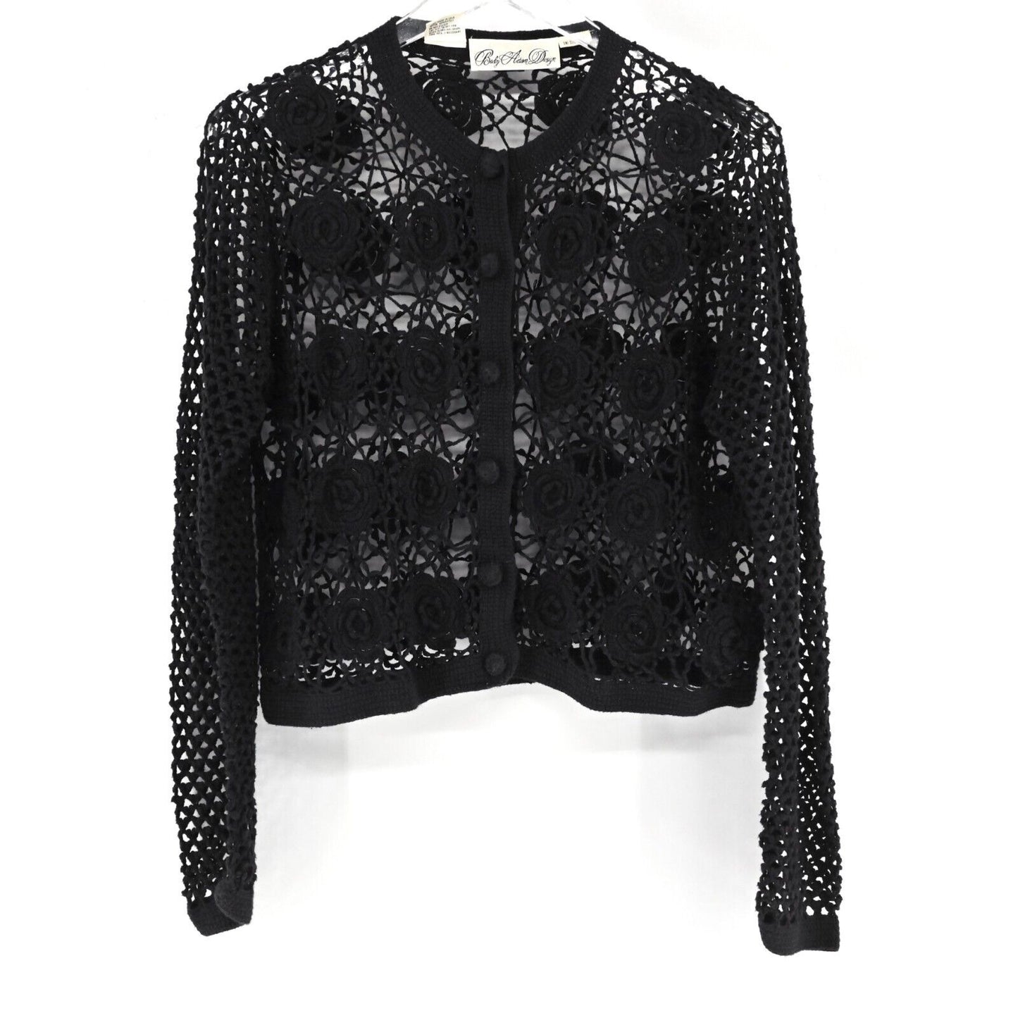 Vtg BODY ACTION DESIGN Cardigan Womens One Size Black Floral Crochet Cotton 90s