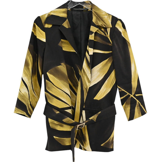 LINDA ALLARD ELLEN TRACY Jacket Womens Size 4 Black Palm Leaf Open Front Belted