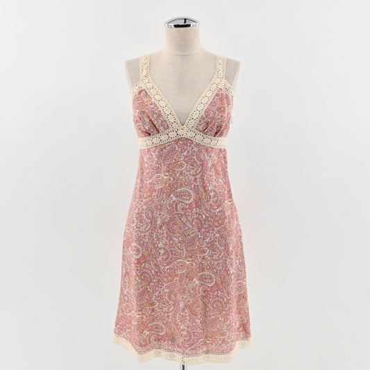 Vtg Y2k Paisley Babydoll Dress Size 4 Petite Crochet Pink Sleeveless Mini VNeck