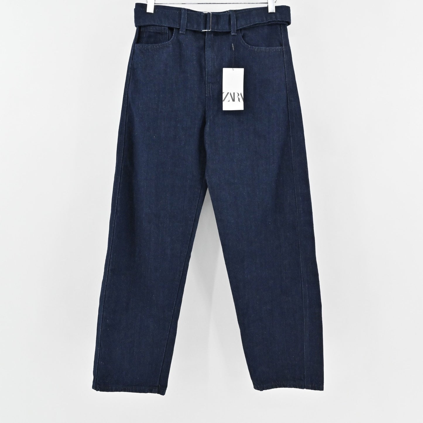 Zara Womens Wide Leg Jeans Size 4 Blue High Rise Belted Denim Pant Western NEW