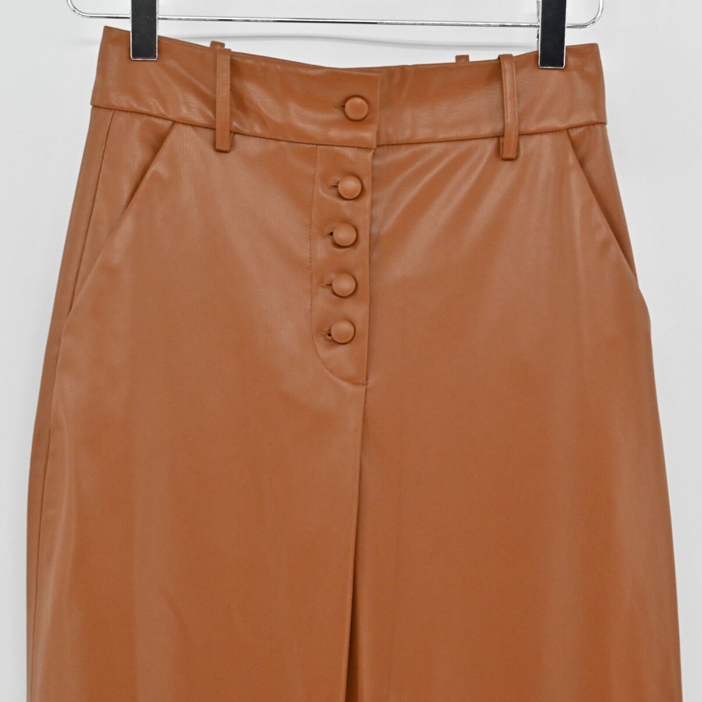 ZARA Pants Womens Size XS Brown Faux Leather High Rise Button Fly Straight Leg