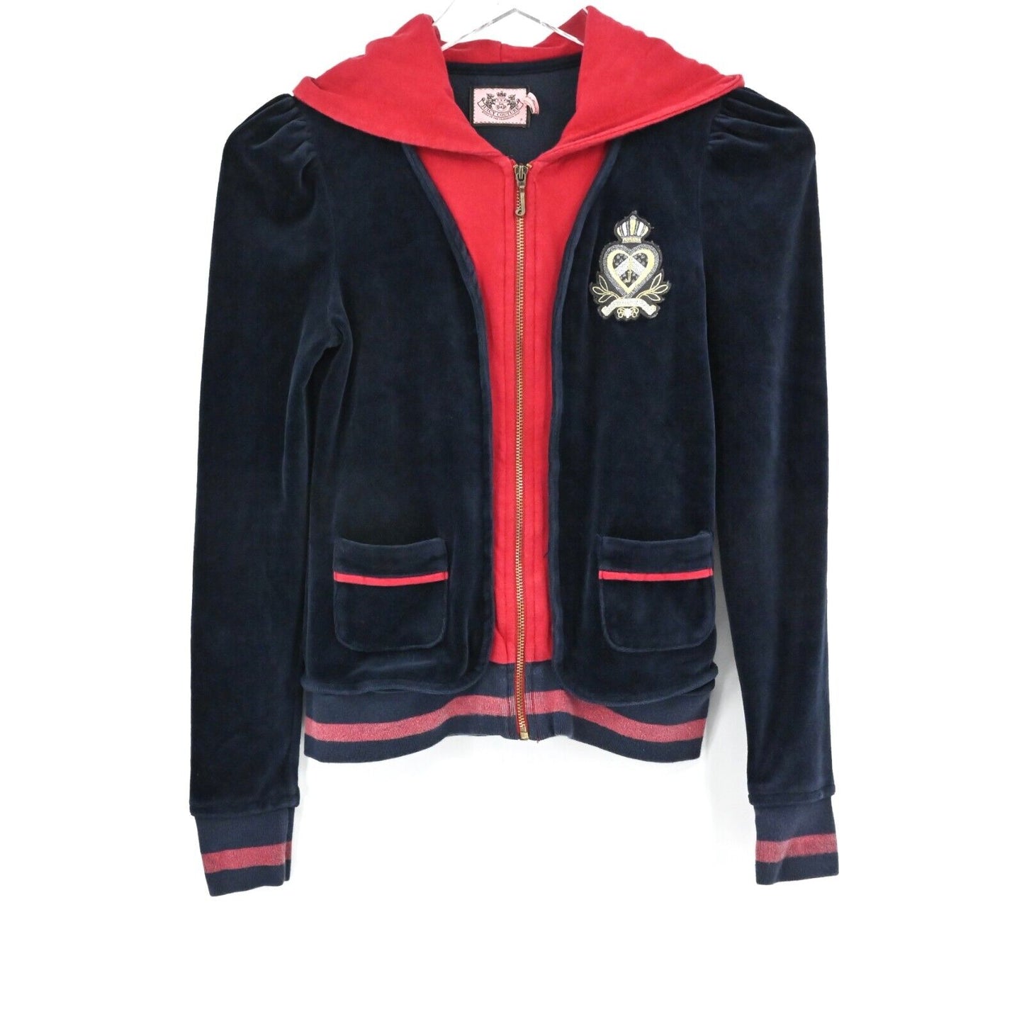 Y2k JUICY COUTURE Velour Track Jacket Womens Sz XS Navy Puff Sleeve Embroidered