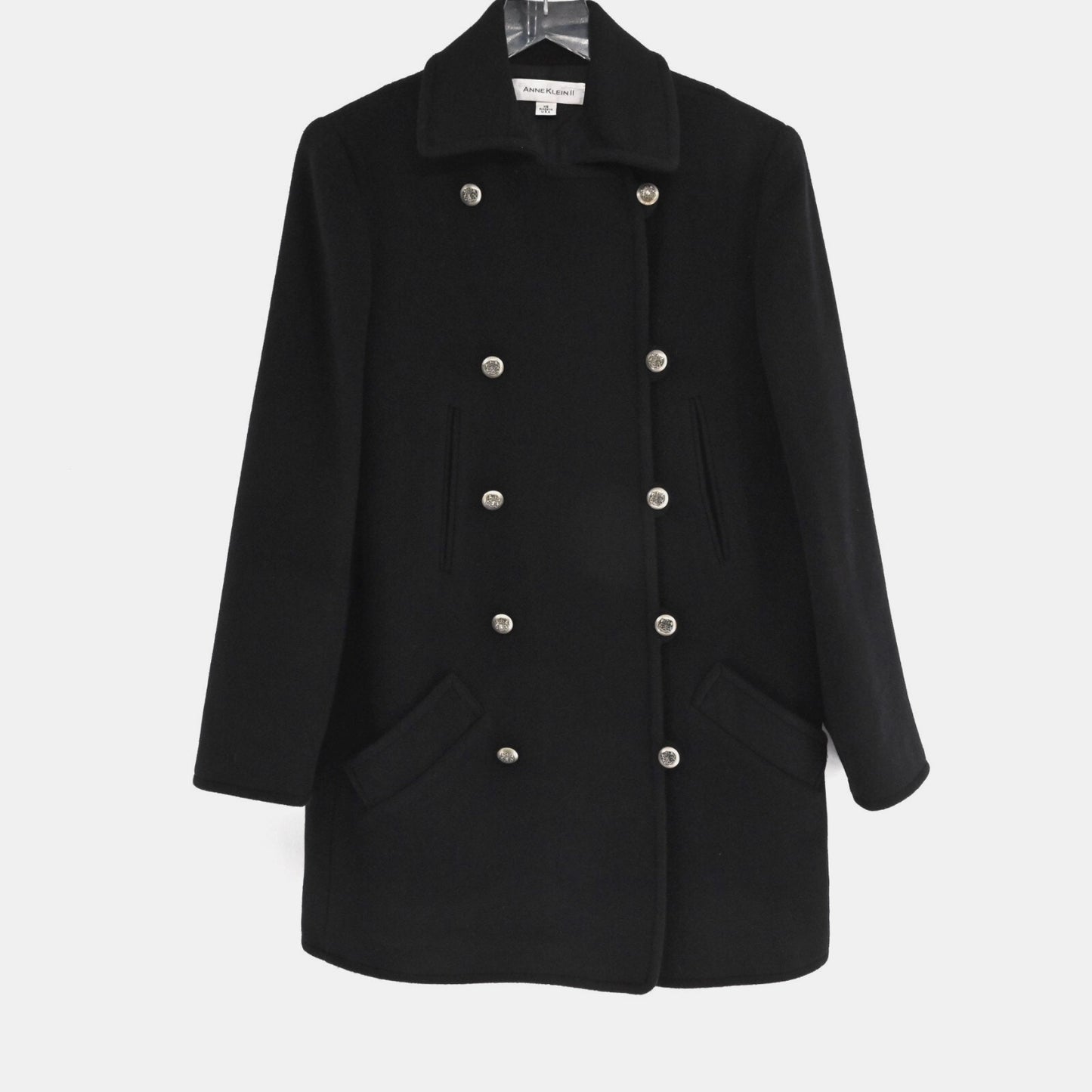 Vtg ANNE KLEIN Womens Wool Pea Coat Size XS Black Mid Double Breasted USA 90s