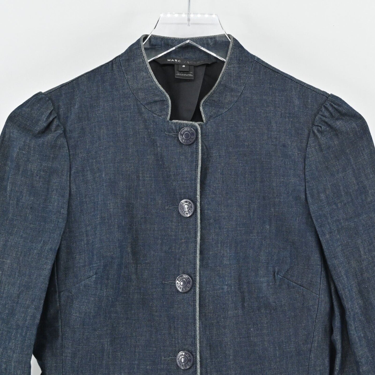 MARC JACOBS Peplum Denim Jacket Stand Collar Size 2 Puff Sleeve Vintage Y2k 00s