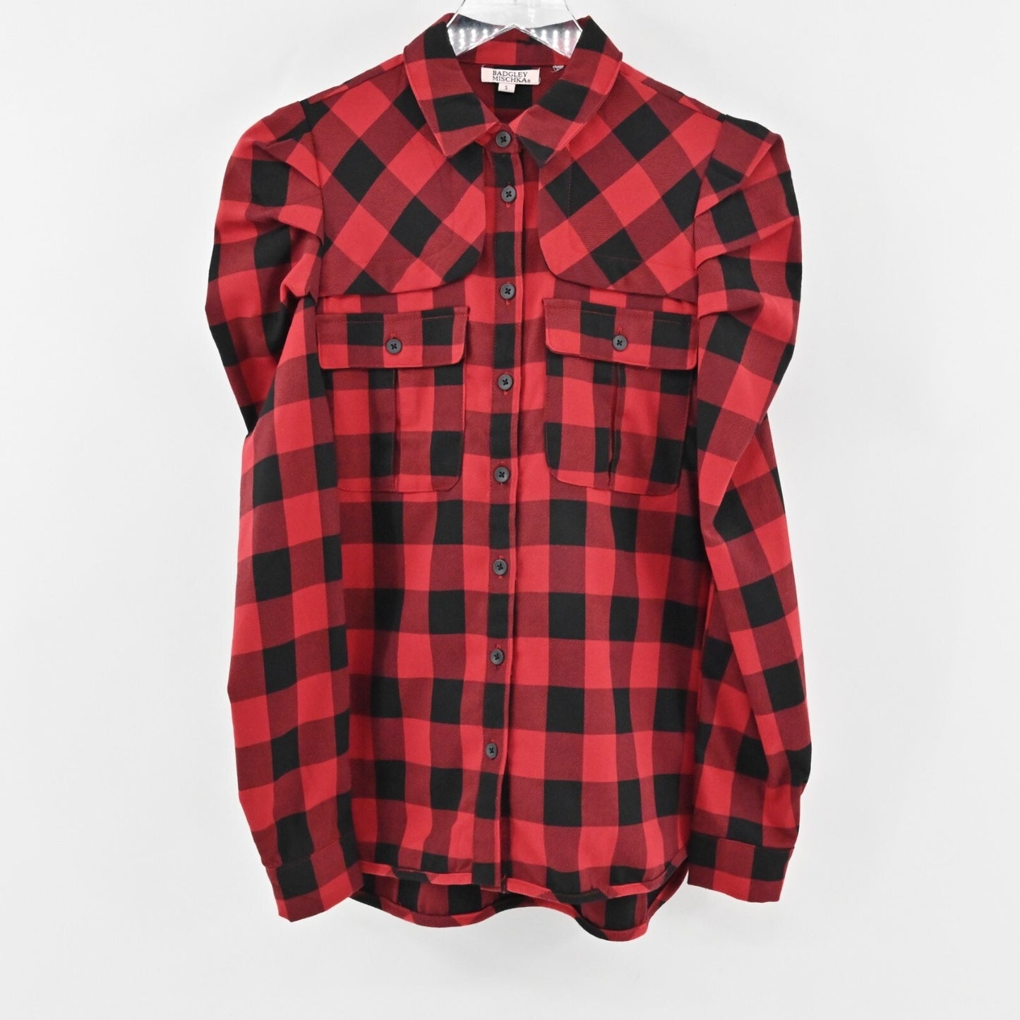 BADGLEY MISCHKA Top Womens Size S Red Black Gingham Button Front Pocket Blouse