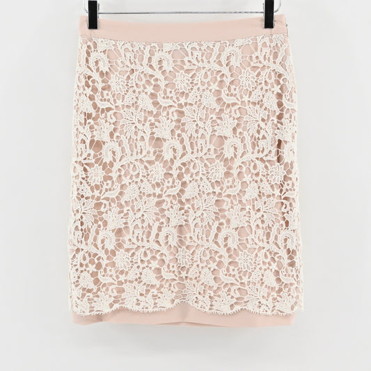 FRENCH CONNECTION Crochet Pencil Skirt Sz 4 Blush Pink Lace Overlay Office Siren
