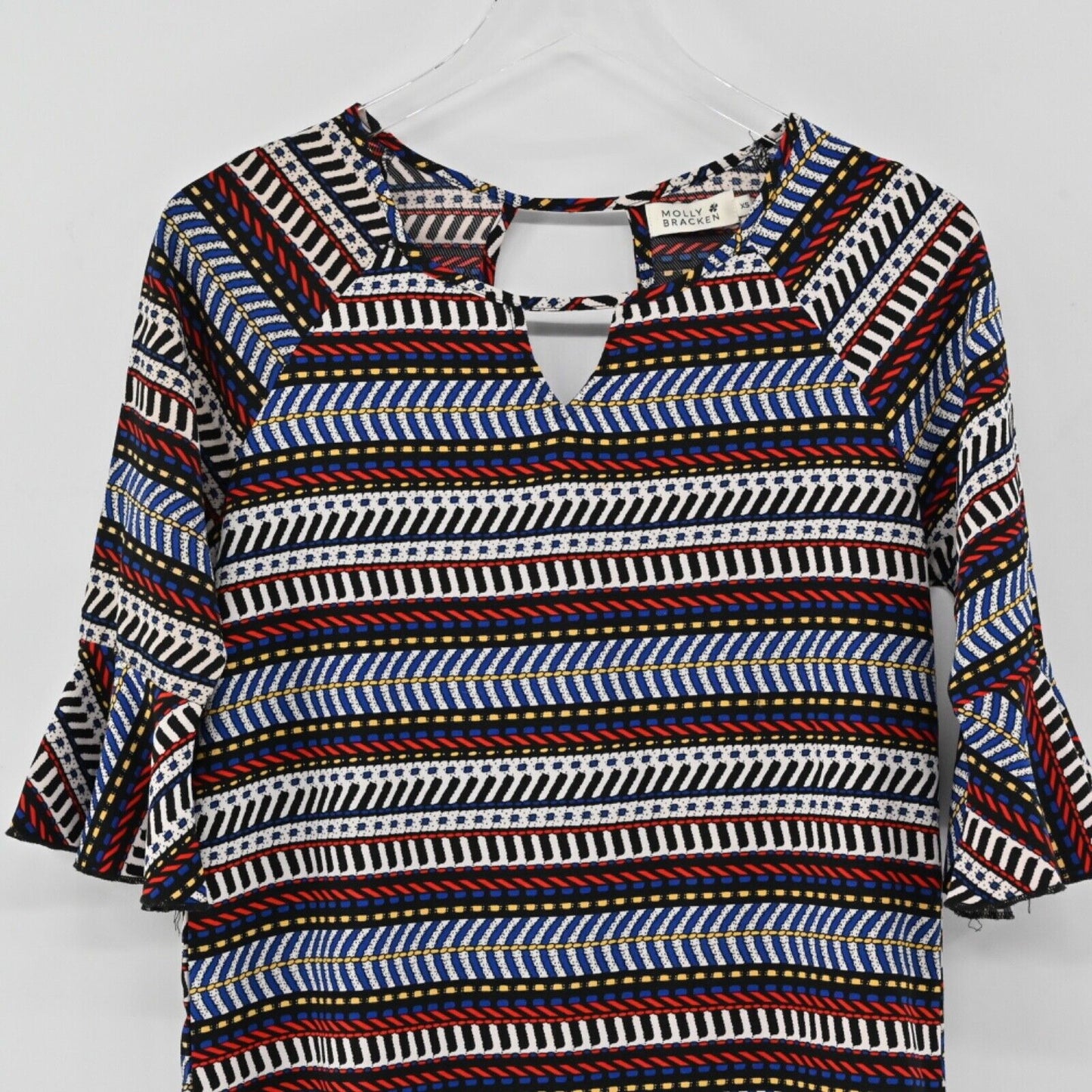 MOLLY BRACKEN Dress Women Sz XS Stripe Print Keyhole Neck Half Bell Sleeve Shift