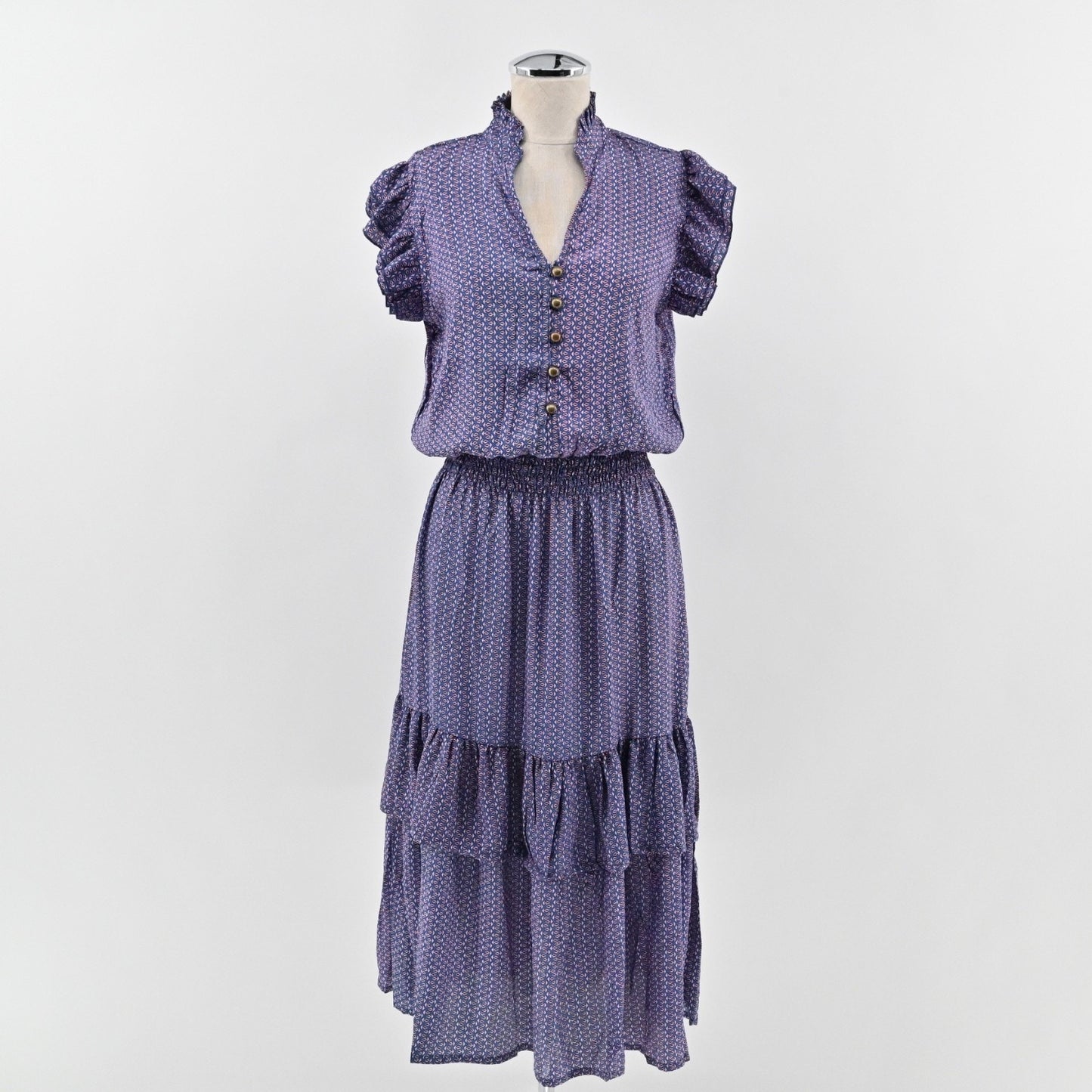 PERRY WALKER COLLECTIVE Cornelia Midi Dress Size M Blue Floral Silk Peasant Boho