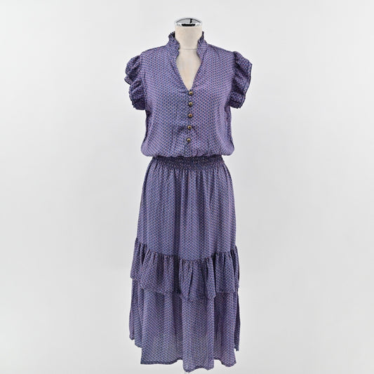 PERRY WALKER COLLECTIVE Cornelia Midi Dress Size M Blue Floral Silk Peasant Boho