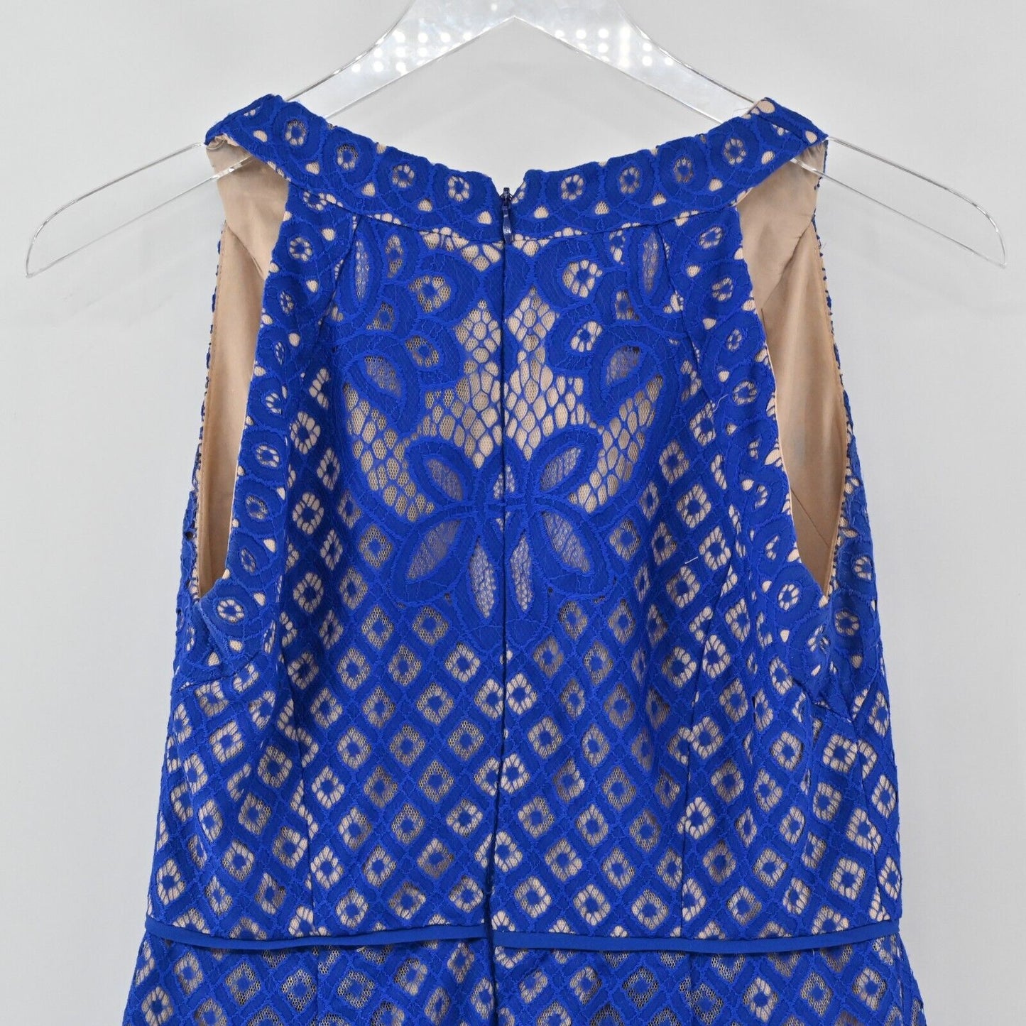 ADRIANNA PAPELL Dress Womens Sz 4 Blue Floral Lace Cocktail Mini Fit Flare Pleat