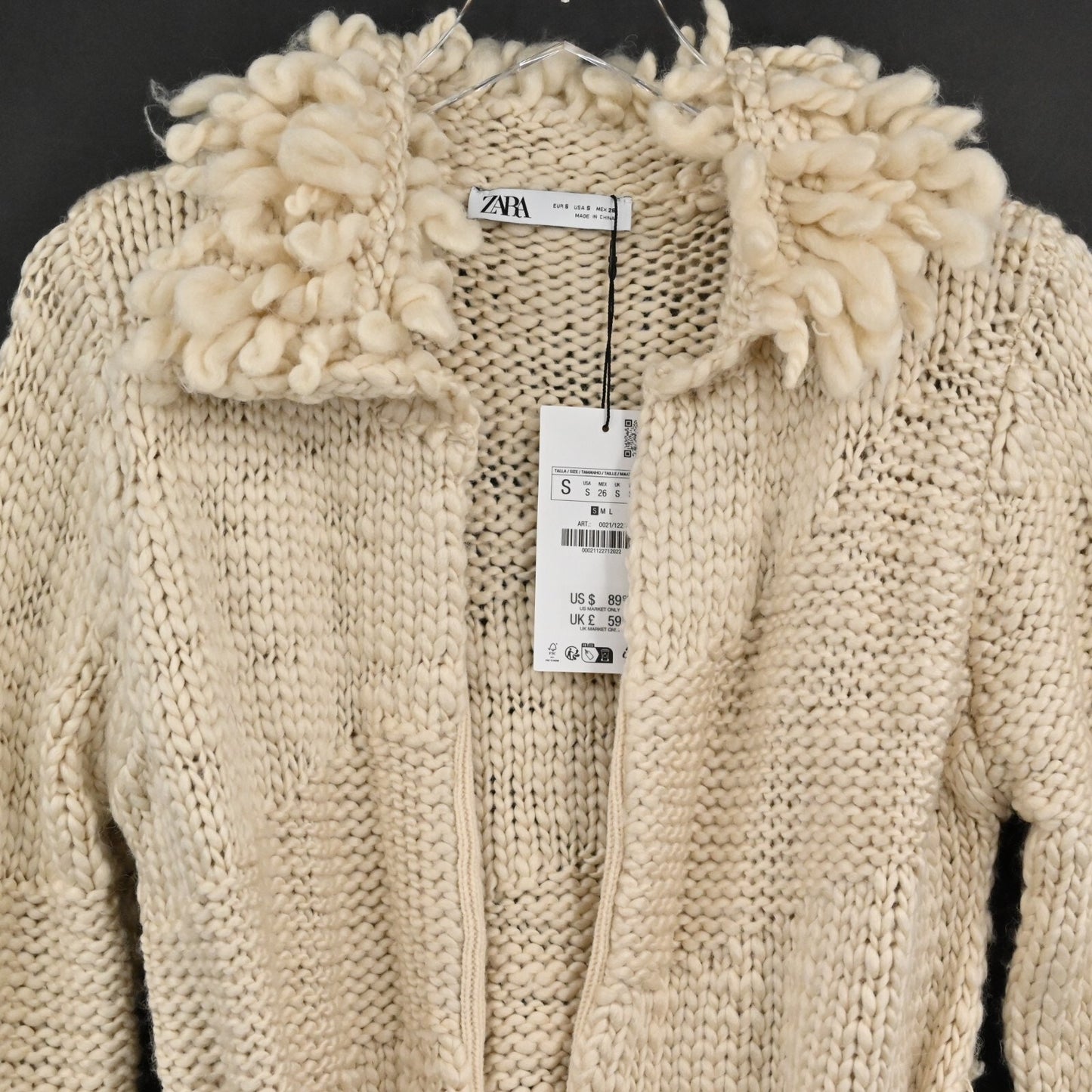 ZARA Womens Sweater Size S Fringing Cardigan Belted Cream Wool Blend Boho NEW