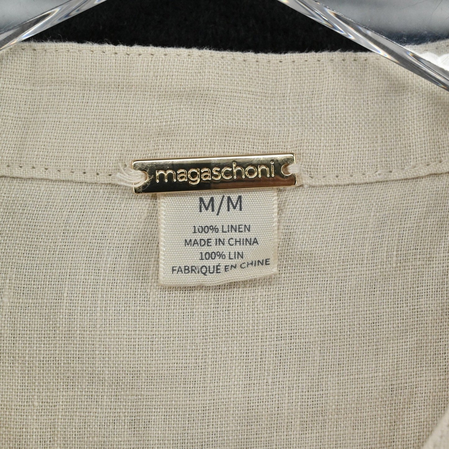 Magaschoni Linen Dress Size M Lagenlook Beige Ethereal Boho Neutral Tunic Tassel