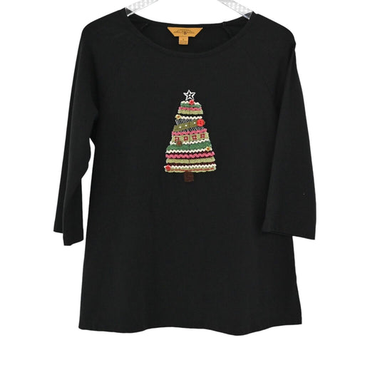 Vtg APRIL CORNELL Top Womens Size S Black Embroidered Christmas Tree Holidays