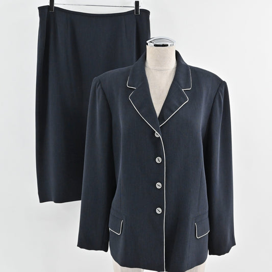 Vtg ALBERT NIPON Skirt Suit Set Womens Size 16 Blazer Pencil Navy White Piping