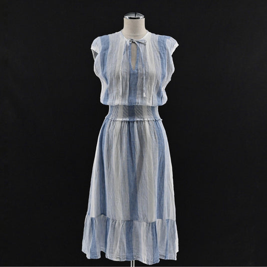 Rails Ashlyn Nevis Stripe Dress Size XXS Linen Blend Tie Neck Sleeveless Midi