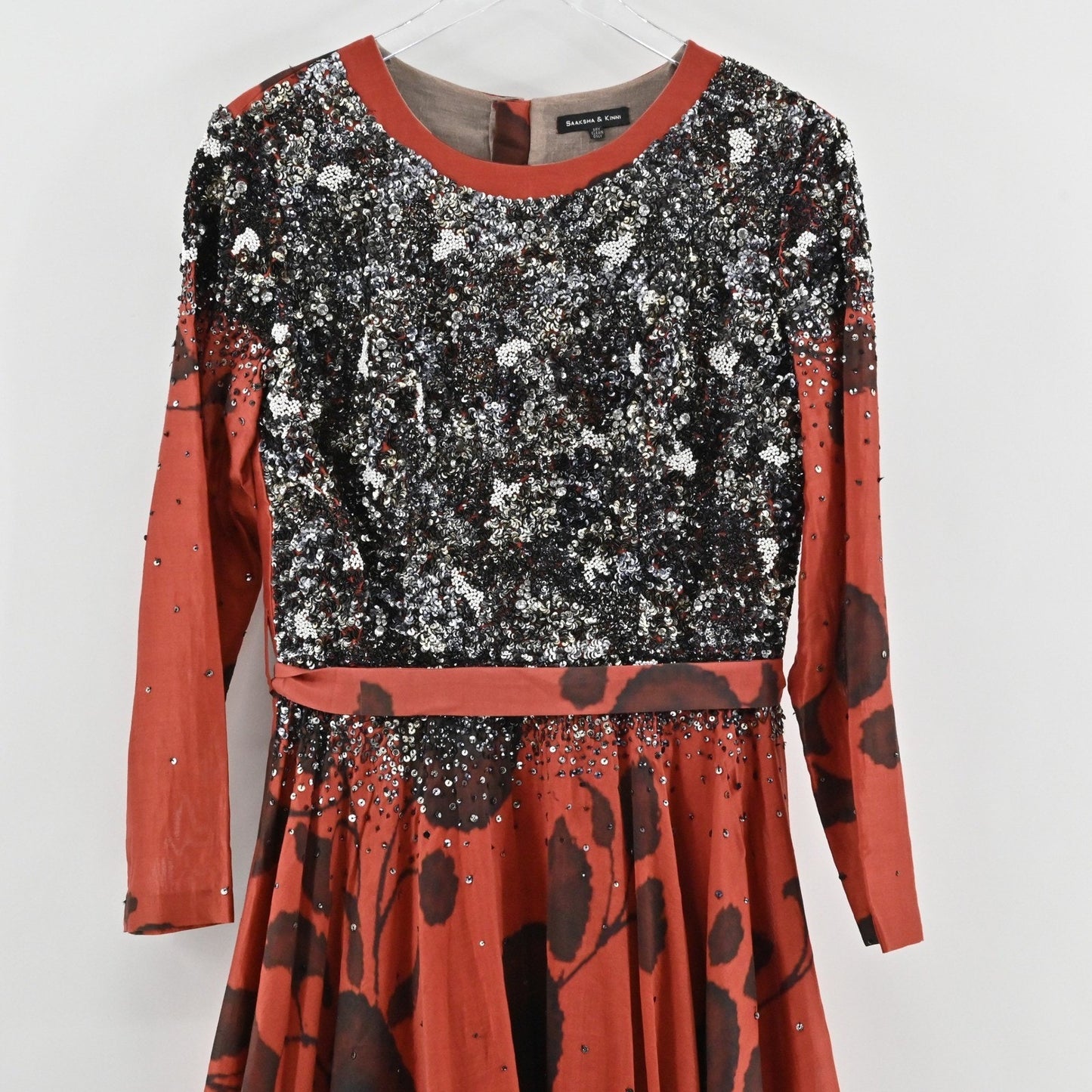 Saaksha Kinni Beaded Floral Maxi Dress Size S Gown Black Sequin Elegant Formal