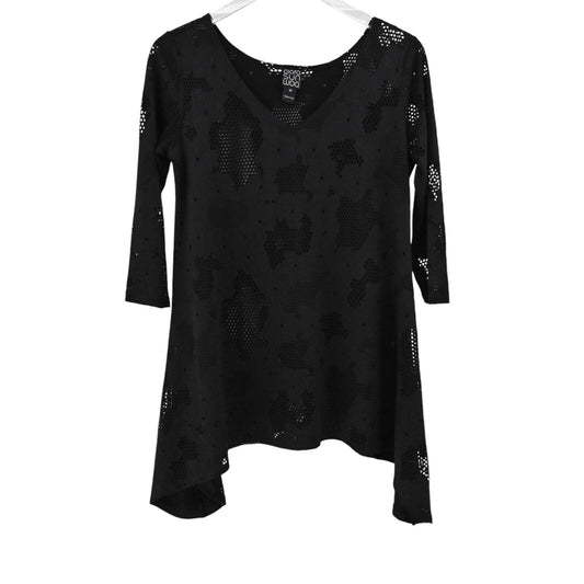 CLARA SUN WOO Top Womens Sz XS Liquid Knit Black Tunic Laser Cut Out Asymmetric