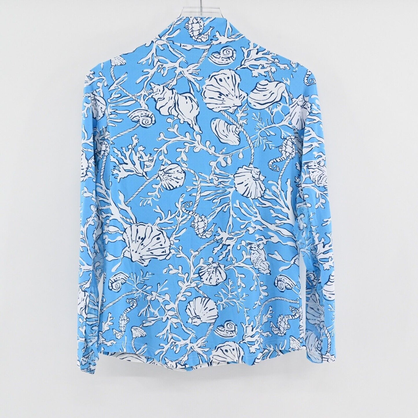 ICIKULS Top Womens Size M Blue Tropical Seashell Print Quarter Zip Long Sleeve