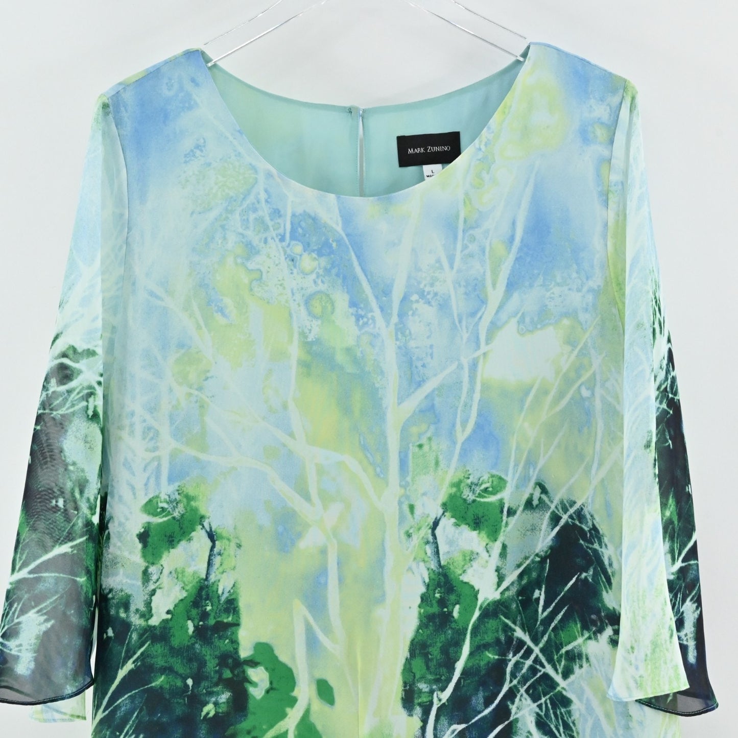 Mark Zunino Womens Chiffon Tunic Top Size L Green Forrest Slit Art Lined Blouse